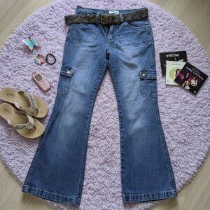 Old Navy Y2K Cargo Flare Jeans Size 2/4 Vintage 2003 Low Rise Braided Belt